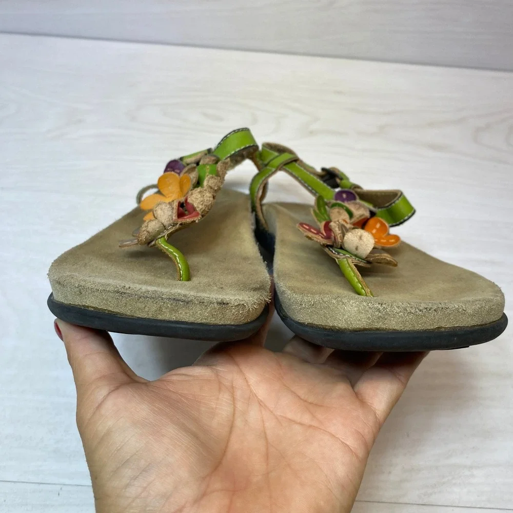 L'Artiste Womens 38 Sandals Sundae Floral Leather Thong Ankle Strap Green Boho